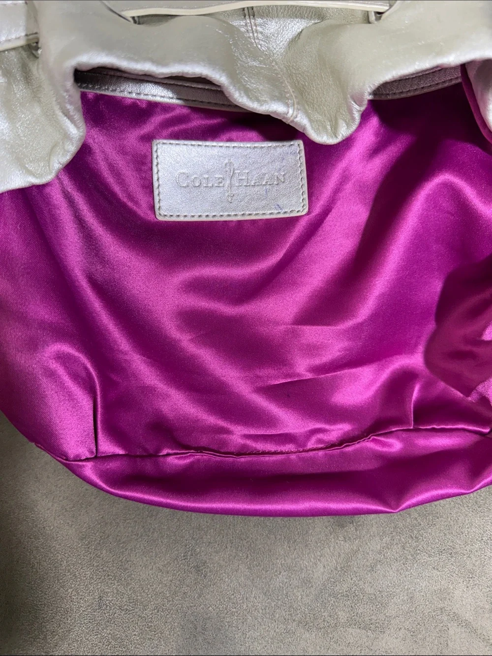 Cole Haan Metallic Silver Leather Drawstring Bucket Bag